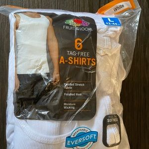 Mens Fruit of the Loom white tag free A-shirts (6-pack).  Sz Large